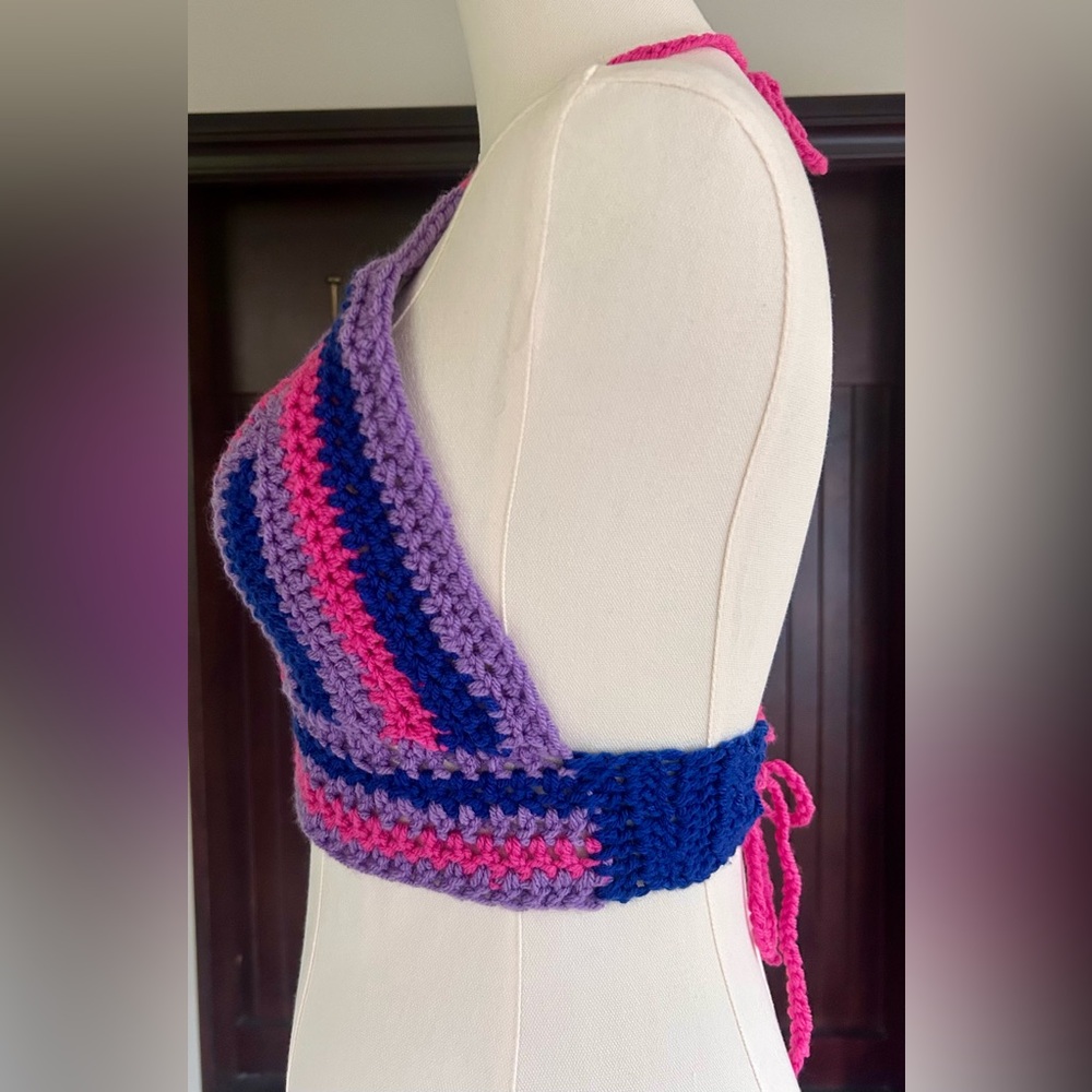 Y2K Crochet Hand Knit Halter Bralette Going Out Micro Top Club Cyber Rave Size S - Picture 3 of 6
